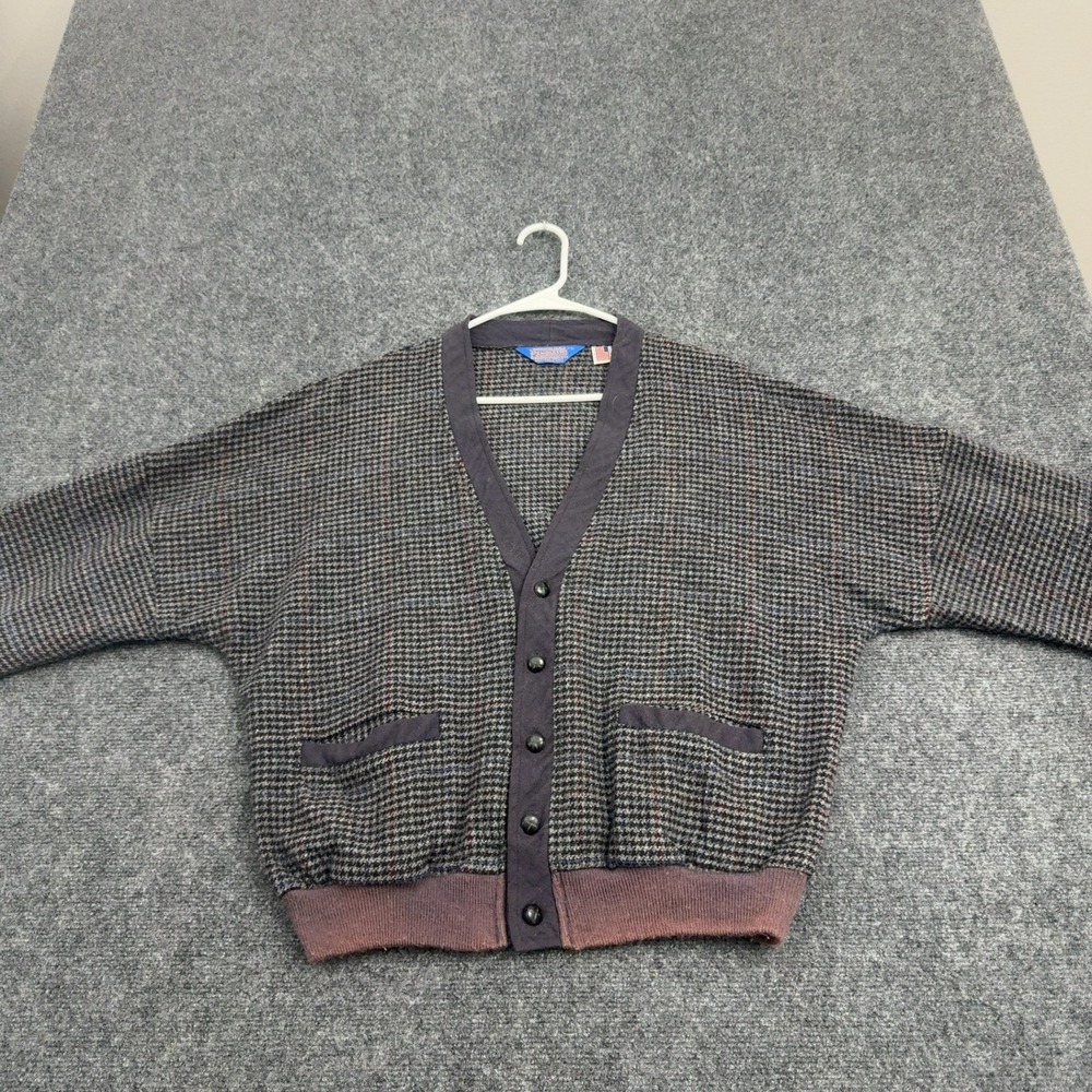 Vintage Pendleton Cardigan Mens L Gray Wool Houndstooth V-Neck Button Up Preppy